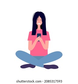 Woman sitting on floor watching phone and smiling. Vector stock illustration.