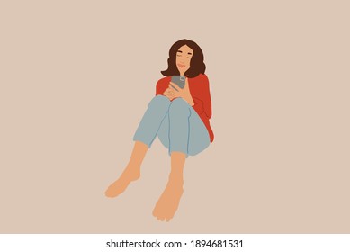 Woman sitting on the floor while chatting in Smartphone. Vector illustration