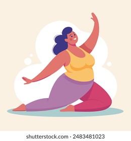 A woman is sitting on the floor in a yoga pose, displaying balance and grace