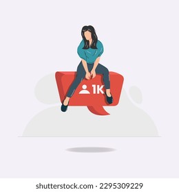 Woman sitting on flying followers comment notification design vector illustration