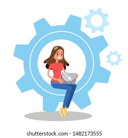 Woman sitting on a giant colorful cog and working on a laptop computer. Idea of brainstorm and success. Isolated flat vector illustration