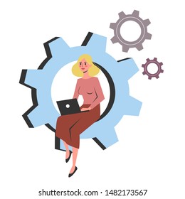 Woman sitting on a giant colorful cog and working on a laptop computer. Idea of brainstorm and success. Isolated flat vector illustration