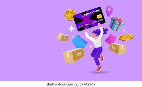 woman sitting on gift box with laptop, credit card, coins, and heart logo, symbolizing online shopping , vector and illustration.