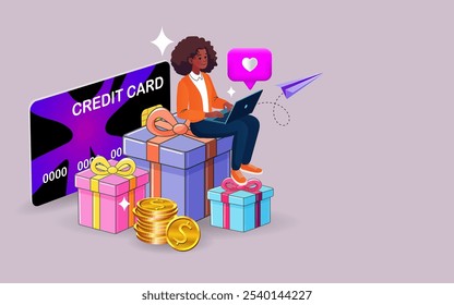 Woman  Sitting on Gift Box and Collecting Cash Back Bonuses. Online Reward. present box, gold coins, Consumer reward. Loyalty and Referral Marketing Program. Vector Illustration.