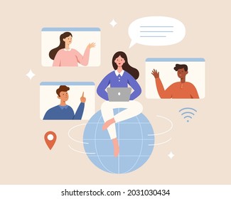 Woman sitting on globe and making a video call with customers. Flat illustration, concept of digital nomad, freelancer or virtual office.