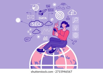 Mujer sentada en el globo usando smartphone con iconos de SEO y marketing digital. Estrategia global de negocios en línea, análisis de redes sociales y concepto de conexión a Internet. Ilustración vectorial plana.