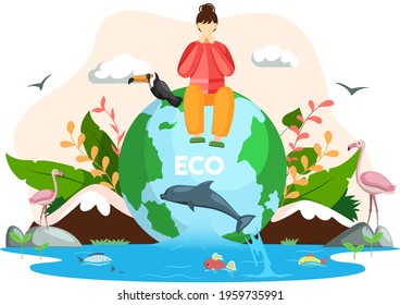 Woman sitting on globe with various flora and fauna. Cartoon Earth habitats, animals, plants and wildlife. Biodiversity, conservation and climate awareness concept. Caring for ecosystems on planet