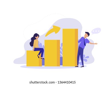 Woman sitting on graph diagram with arrow, successful businessman standing with raised hands. Business success concept image. 