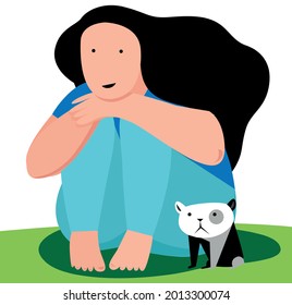 Woman sitting on the grass next to her dog on a white background
