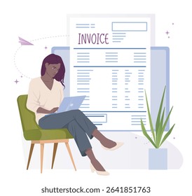 Woman sitting on a green chair using a laptop, large invoice document in background, with a plant beside her, on white background. Concept of remote billing. Vector illustration