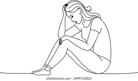 A woman is sitting on the ground with her head in her hands. She is in a state of distress or sadness