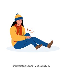 Woman sitting on ground with knee pain, dressed in winter clothes, indoors