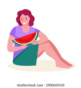 Woman sitting on the ground with a slice of watermelon. Vector illustration in flat cartoon style. Isolated on a white background.