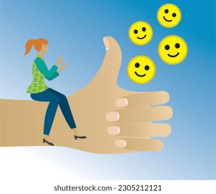Woman sitting on hand with thumb up. Giving appreciation with applaud. Vector illustration
