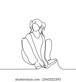 woman sitting on her bottom cute and straight with her legs bent and her hands stretched to her ankles - one line art vector. concept childish behavior, cute, adult as a child