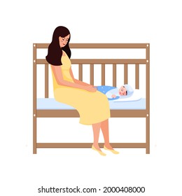 A woman is sitting on her child s bed. She looks at her child and smiles. The long-awaited baby. Vector illustration, concept. Children s room. Illustration on a white background. Single mother.