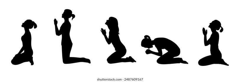 Woman sitting on her knees praying silhouette, praying silhouette	