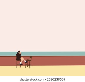 Woman sitting on high chair drinking wine enjoying seascape beautiful view. Holiday vacation lifestyle. 