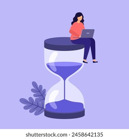 Woman sitting on an hourglass and working on laptop. Deadline and time management concept.