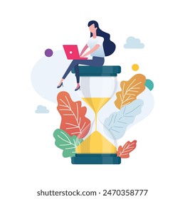 Woman sitting on an hourglass and working on laptop. Deadline and time management concept. Flat style vector illustration.