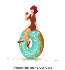 Woman sitting on the huge donut. Donut Shop, Sweet products, Bakery, Confectionery, Dessert, Breakfast concept. Vector illustration for poster, banner, card, commercial, menu. 