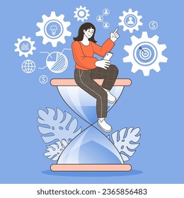 Woman sitting on huge hourglass and using smartphone. good time management. businessman hurrying up to complete tasks. Deadline, project time limit, task due dates. appointment concept. vector