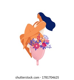 Woman sitting on a huge menstrual cup with flowers and leaves. Eco protection for woman in critical days. Vector illustration on white background.