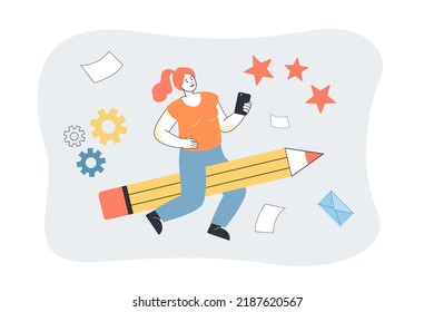 Woman sitting on huge pencil flat vector illustration. Female copy -writer writing for social media. Occupation, marketing, freelance, journalism concept for banner, website design or landing web