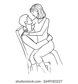 mulher sentada no colo do homem, eles olham uns para os outros abraçando, casal no amor - desenhado à mão esboço ilustração