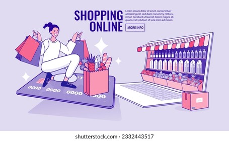 A woman sitting on a large credit card holding a shopping bag. Internet digital store scene with woman on shopping. E-commerce advertising illustration. computer marketing and e-commerce. delivery.