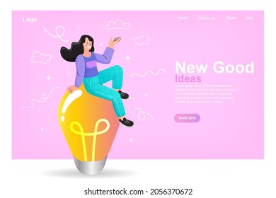 Woman sitting on large light bulb. Idea, innovation, solution concept. Businessman pointing finger means having a good idea for a business start vector illustration.