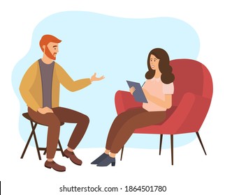 Woman is sitting on a large red sofa. The psychologist makes notes with smilling and asks questions. Man is helping female character to solve gaps. Psychotherapy session isolated on white background