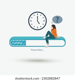 Mujer sentada en la barra de carga con reloj de pared. Ilustración vectorial del concepto de proceso de archivo de carga en espera