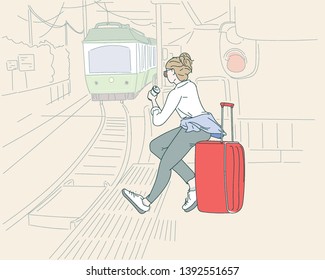 A woman sitting on a luggage bag on a train platform, waiting for the train. Thin concept of cartoon. hand drawn style vector design illustrations. 