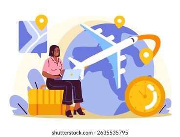 Woman sitting on luggage using laptop with airplane, globe, map pins, and clock in background, representing travel planning and global connectivity. Vector illustration
