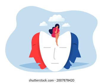 Woman sitting on masks with happy or sad expressions, Split personality, mood changes, bipolar disorder, Vector illustration.