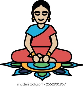 A woman is sitting on a mat with her hands on her knees. She is smiling and she is in a peaceful and relaxed state