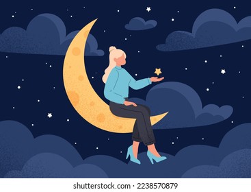 Woman sitting on moon. Young girl with star in her hand against background of clouds and sky. Dream, imagination and fantasy, dreams. Graphic element for website. Cartoon flat vector illustration