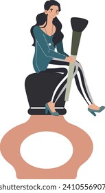 Woman sitting on oversized perfume bottle. Casual female sitting, giant accessory, fashionable setting vector illustration.