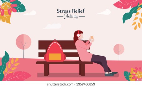 a woman is sitting on park bench concept. Stress reliever activities with musics and fresh air. Enjoying life for a moment time. flat design style and vector illustration.