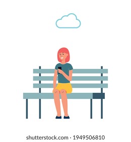 Woman sitting on park bench holding phone with cloud app icon.