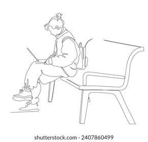 Woman sitting on park bench and using notebook. Having small backpack. Side view. Continuous line drawing. Black and white vector illustration in line art style.