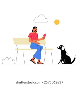 Woman Sitting On Park Bench Holding Ice Cream With Dog In Flat Vector Illustration Symbolizing Outdoor Relaxation And Friendship, Isolated On White Background