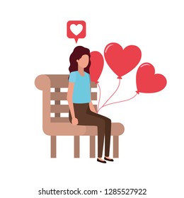 woman sitting on park chair with hearts character