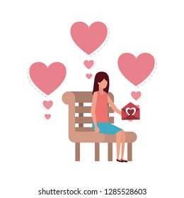 woman sitting on park chair with hearts character