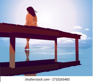 A woman sitting on a pier's edge in a misty morning and watching beautiful sea landscape. isolation.