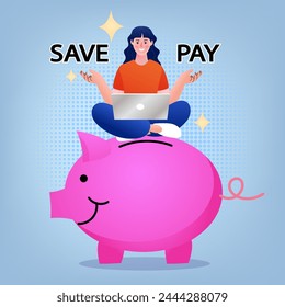 Woman sitting on piggy bank balancing save or pay. Money decision, save or spend, financial options when receive bonus or extra money. choose to invest or pay off debt. money decision. vector