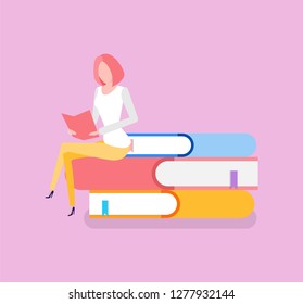 Woman Sitting On Pile Of Books Education Knowledge Receiving Vector. Bookworm With Printed Publications Getting Information From Encyclopedia Reference