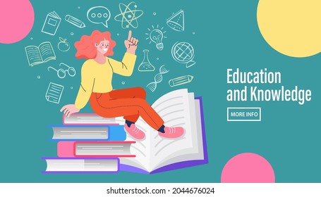 A woman sitting on a pile of books World book reading or literacy day banner. Book market or fair concept. Online reading. Back to school. College and university concept. vector illustration.