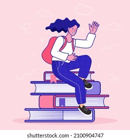 A woman sitting on a pile of books World book reading or literacy day banner. Book market or fair concept. Online reading. Back to school. College and university concept. vector outline illustration.